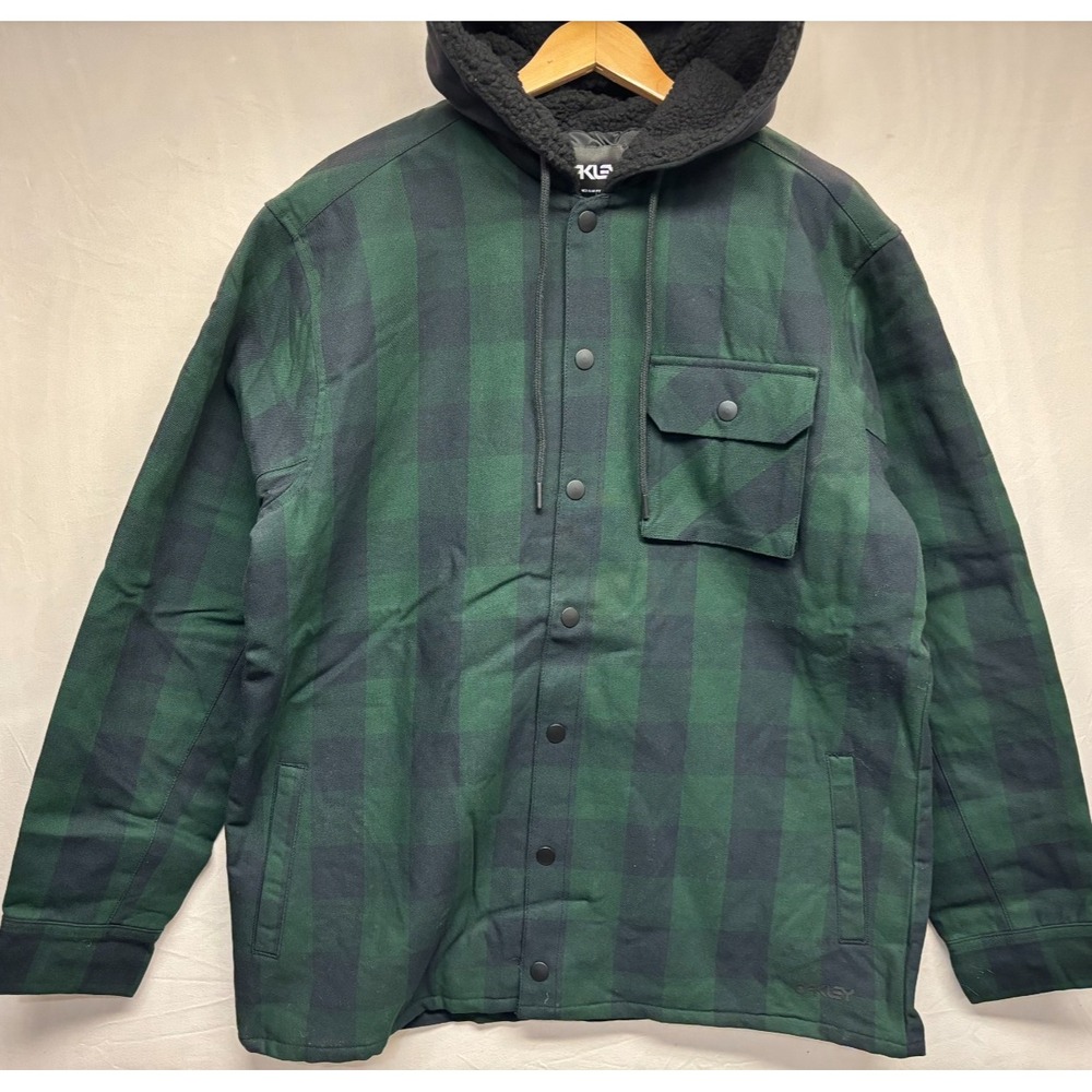 Oakley Bear Cozy Hooded Fleece Jacket Mens Black Green Check Lined Medium NWT